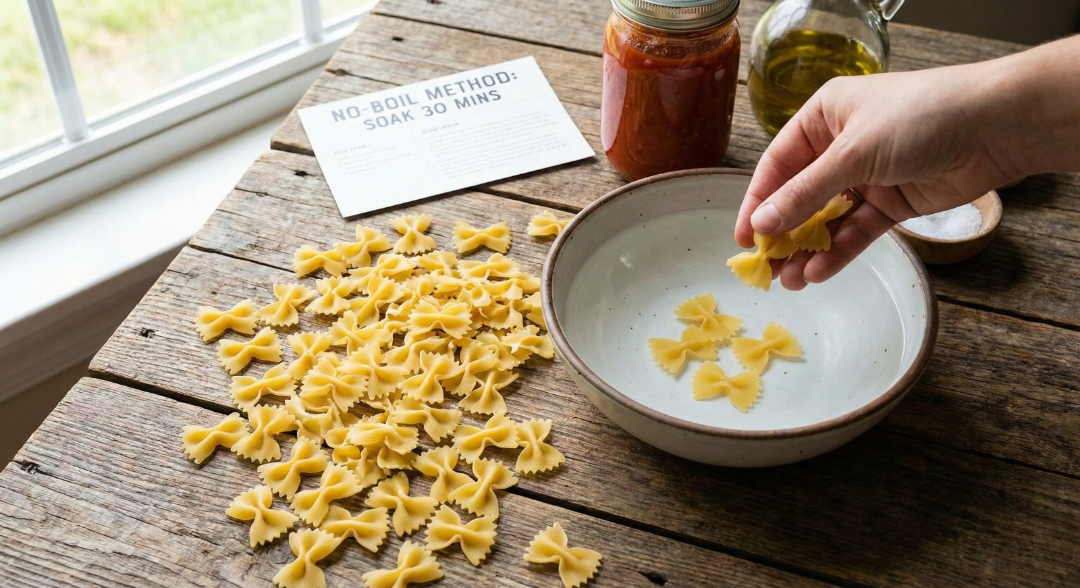 Dry farfalle pasta next to a bowl of water, demonstrating the preparation for the no-boil fried pasta snacks method.