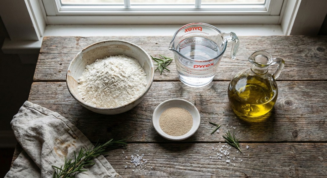 Flatlay of raw ingredients for homemade fried dough including flour, yeast, water, and olive oil on a wooden counter.