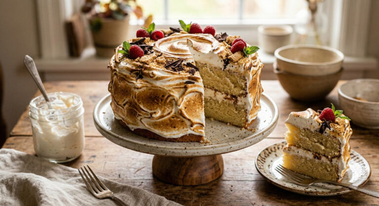 A rich chocolate cake thickly frosted with white, swooping waves of homemade marshmallow fluff, slightly toasted.