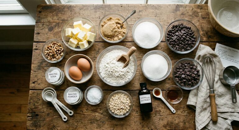 Measured ingredients including flour, brown sugar, chocolate chips, and sea salt for the best chocolate chip cookie recipe on a wooden table.