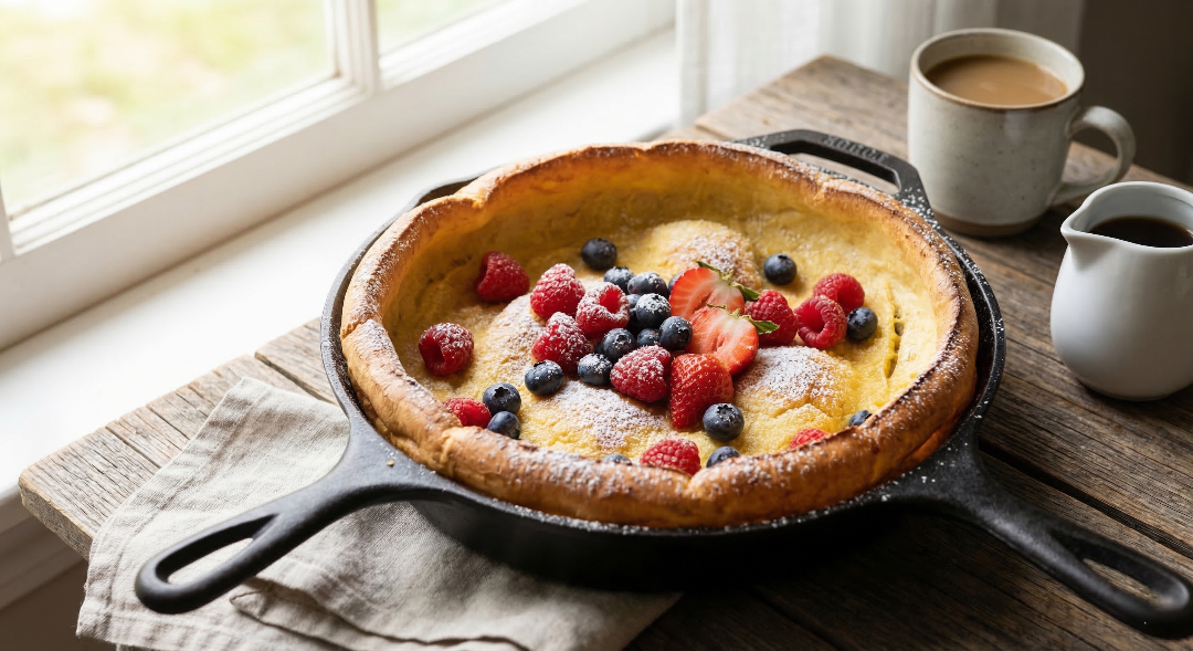 Dutch baby recipe pancake baked in a skillet with berries and powdered sugar
