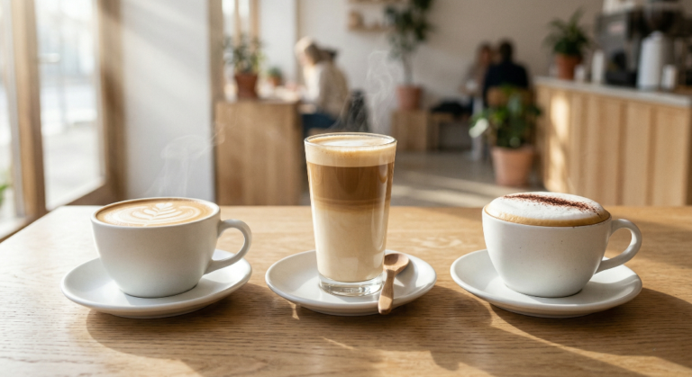 A side-by-side comparison of a flat white, a latte, and a cappuccino showing differences in foam thickness and cup size.
