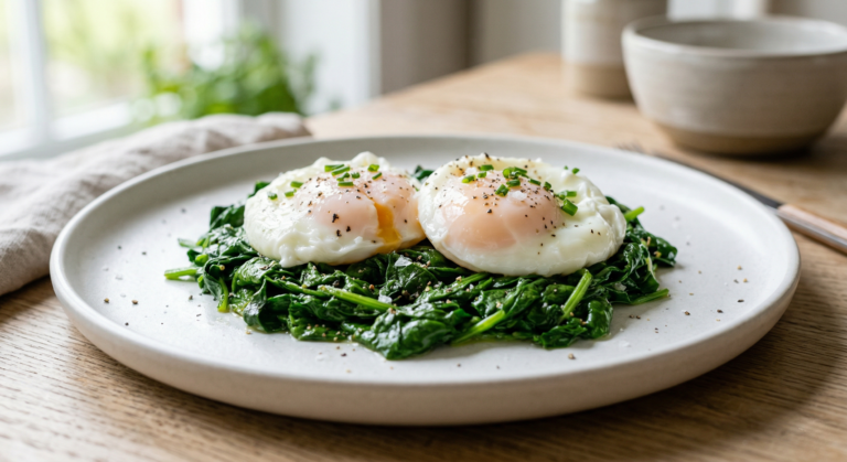 Two poached eggs over sautéed spinach on a white plate, a top-rated high-protein breakfast to lose weight without exercise.